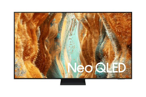 Neo QLED TV displaying an abstract art design with 'Neo QLED' branding.