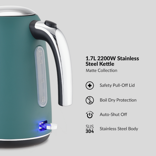 BODEN STARK 1.7L MATTE STAINLESS STEEL KETTLE GREEN BODE