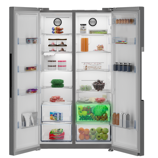 Defy fridge with LED display and large storage compartments