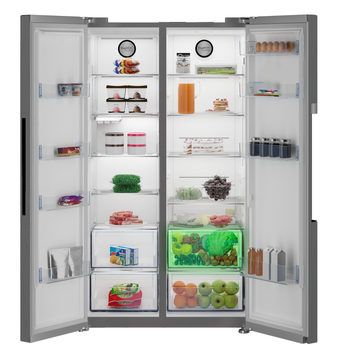 Defy fridge with LED display and large storage compartments