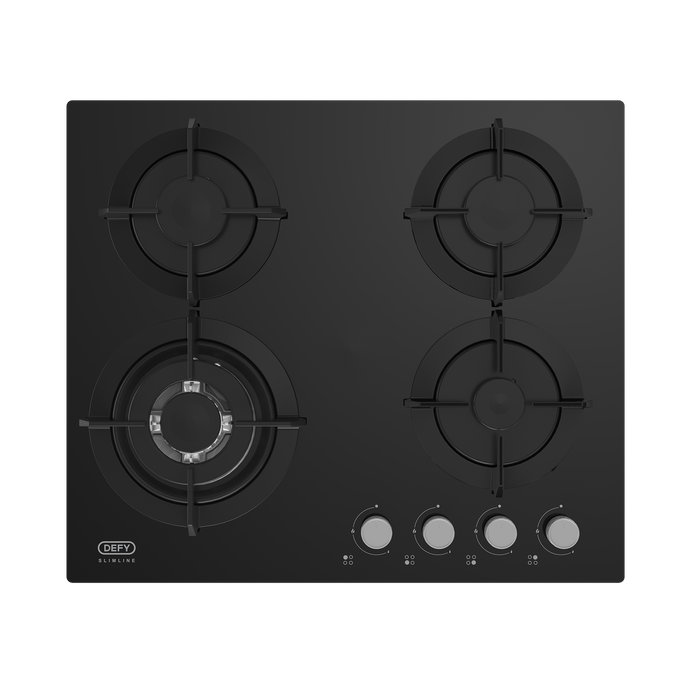 Defy 60cm gas on glass hob black top view