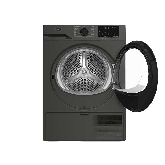 Black Defy dryer with open door on a white background | Nictus Namibia