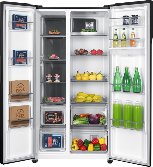 Beko 521L fridge open showing shelves and freezer compartments