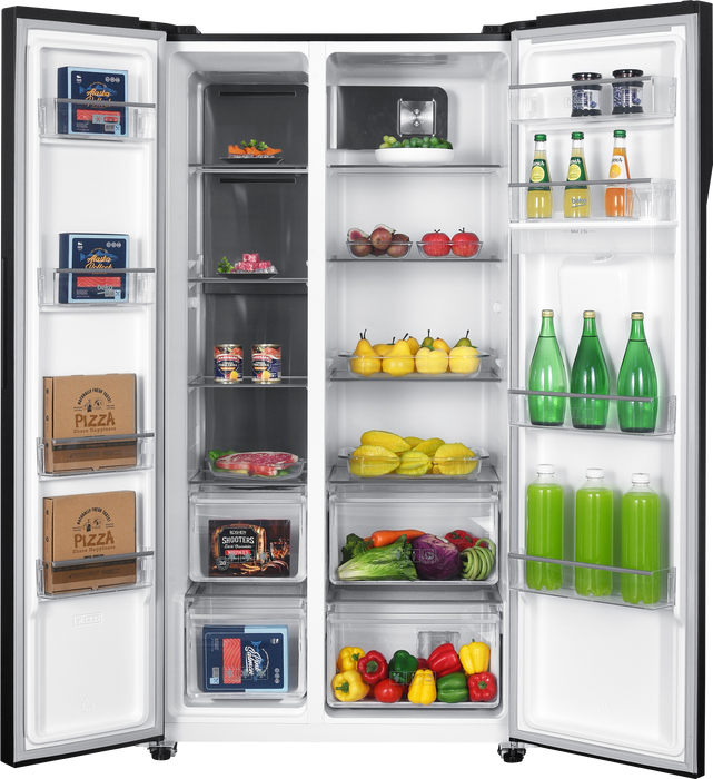 Beko 521L fridge open showing shelves and freezer compartments