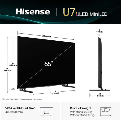 HISENSE 65" U7Q MINI-LED 144HZ VRR ULED GAMING TV HISE