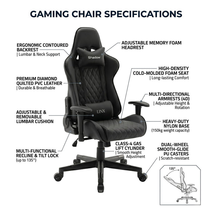 LINX SHADOW GAMING CHAIR 1270/1350 (H) x 710(W) x 660(D) (BL CDEN